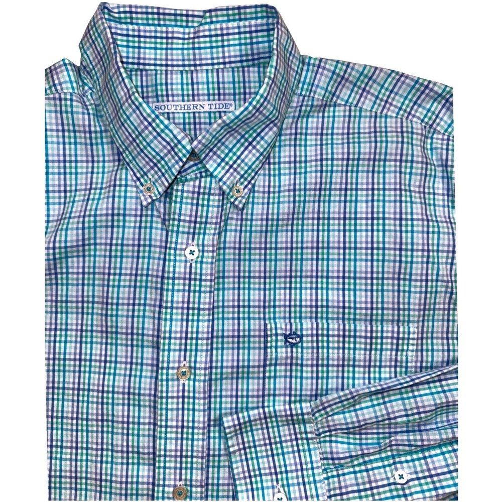 Southern Tide Mens Large Plaid Button Down Shirt Teal Blue Purple Skipjack - Picture 1 of 7